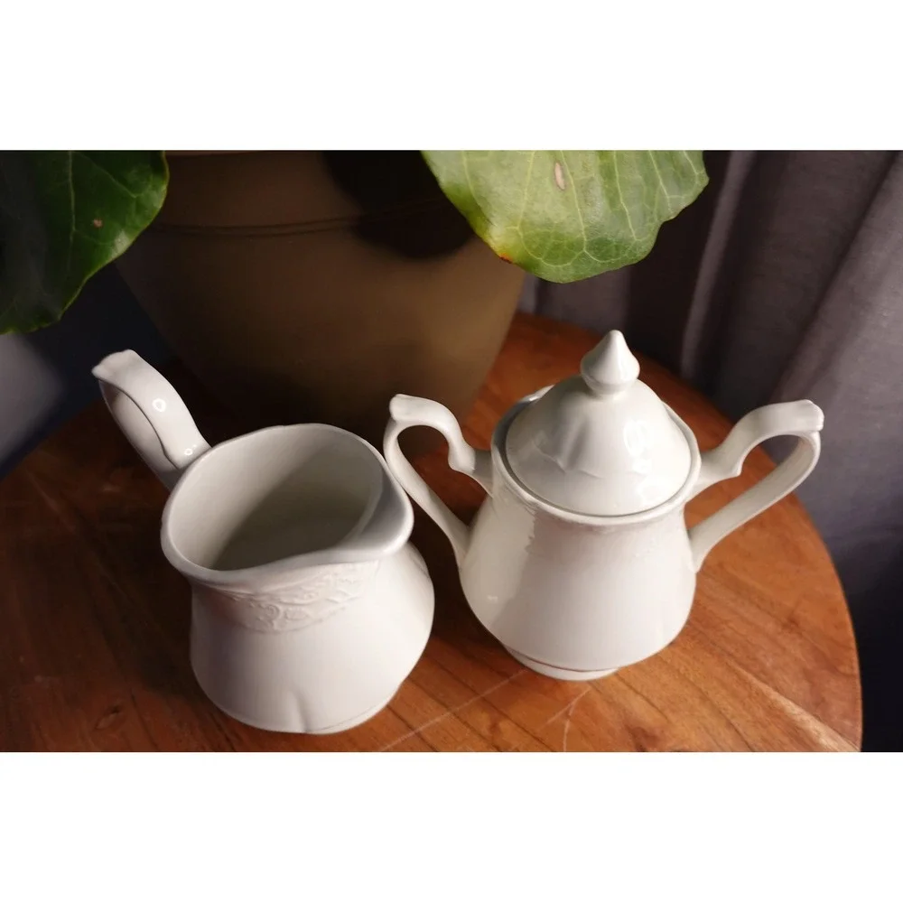 Vintage Creamer and Sugar Bowl Set Made in England‎ Embossed Porcelain